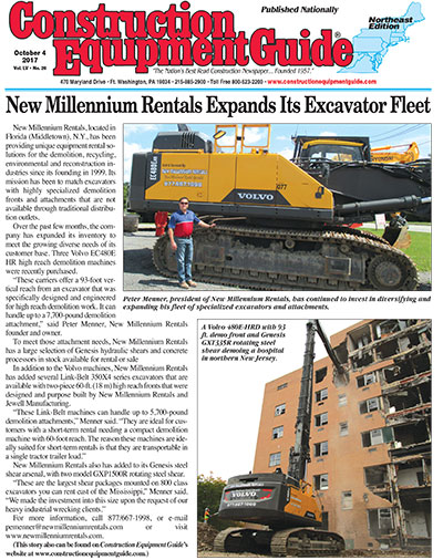 New Millennium Rentals Expands Its Excavator Fleet