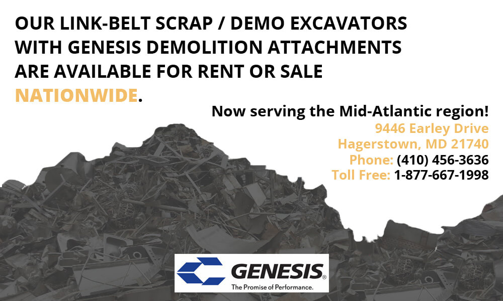 Link-Belt scrap/demo excavators and Genesis shear equipment are available for sale or rent nationwide. Now serving the Mid-Atlantic region!